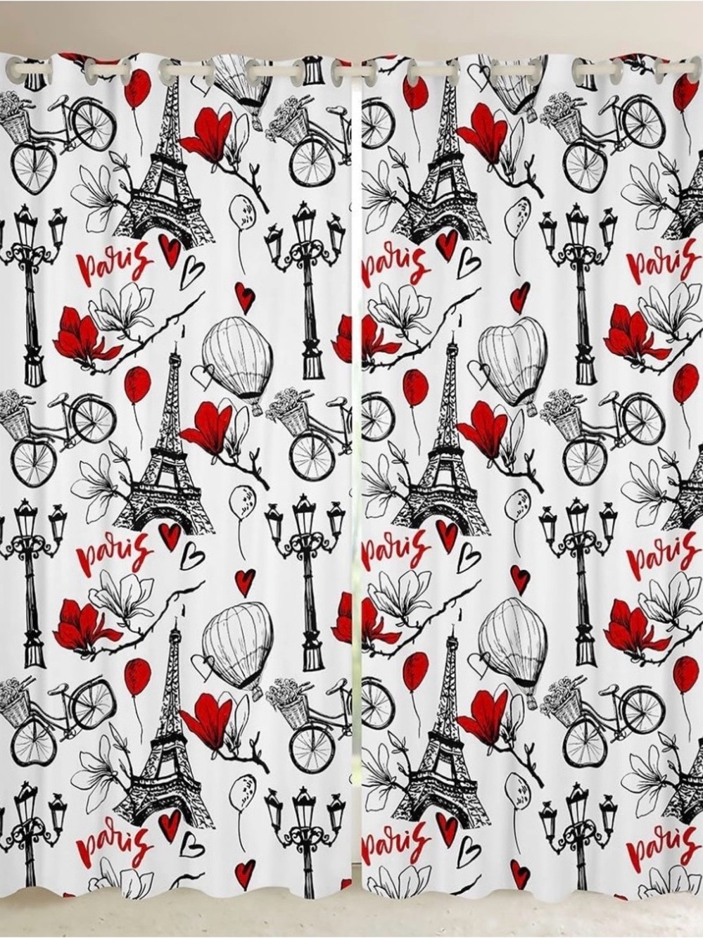 Paris Sketch Red & Black Printed Window Curtains 2 panels